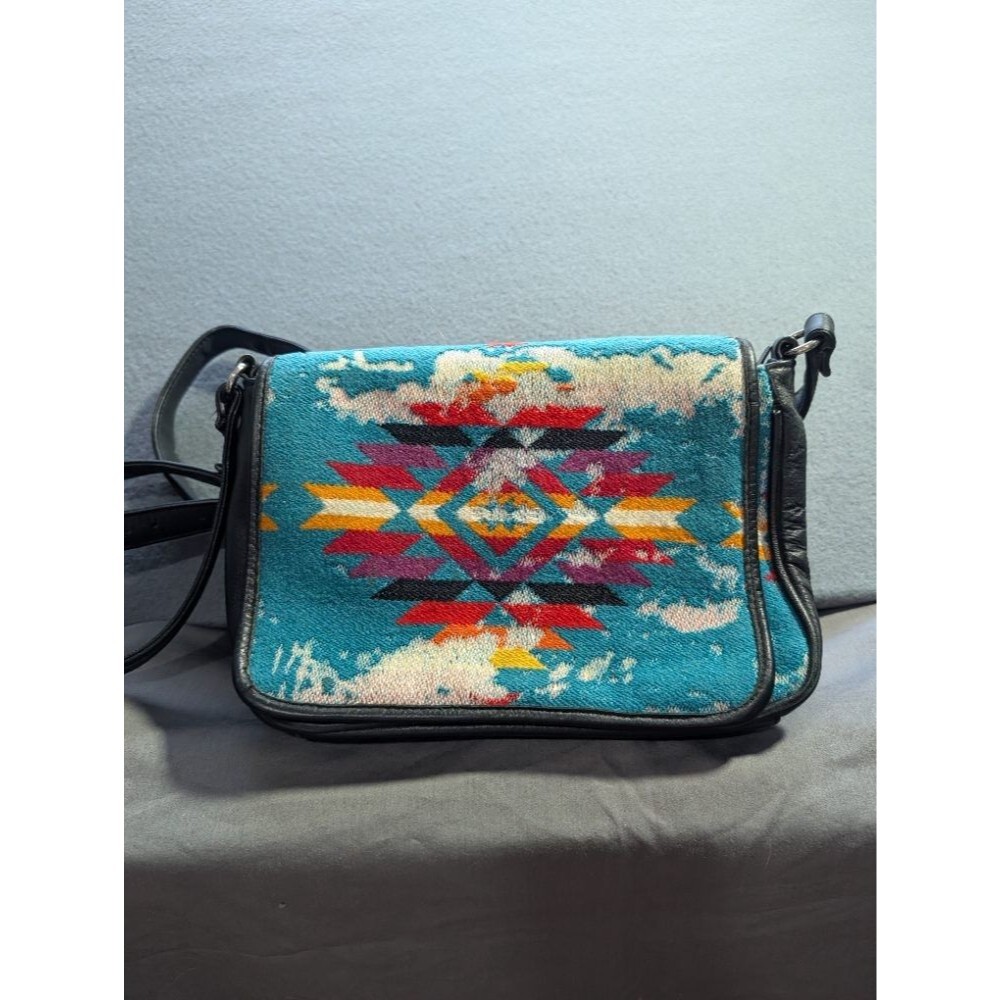 Vintage Pendleton Southwestern Wool Leather Crossbody Bag Flap Purse Turquoise